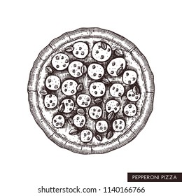 Pepperoni pizza hand drawn sketch. Vector food drawing. Engraving style Pizza with spicy salami. Italian kitchen illustration.