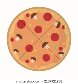 Pepperoni pizza. Pizza icon. Pizza cut into slices. Vector illustration in flat cartoon style