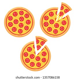 Pepperoni pizza icon set with slice. Simple cartoon style vector illustration.