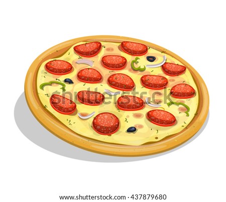 Pepperoni Pizza/
Illustration of an appetizing cartoon entire pepperoni pizza, with sausage slices, onions, olives, melting cheese and bell pepper for fastfood and takeout restaurants