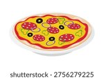 Pepperoni pizza illustration with pizza on a plate, steaming, sausage, pepper, cheese, ketchup, sauce, onions, olives