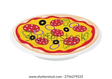 Pepperoni pizza illustration with pizza on a plate, steaming, sausage, pepper, cheese, ketchup, sauce, onions, olives