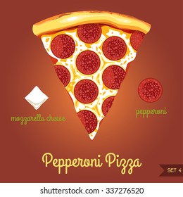 Pepperoni pizza with ingredients (mozzarella cheese, sausage pepperoni) SET 4, vector illustration.