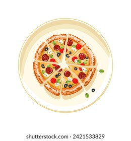 Pepperoni pizza. Italian pizza cut into pieces on a light plate. Fast food. Sliced salami, tomatoes and olives. Delicious baked goods. Vector illustration