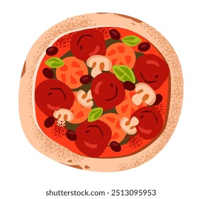 Pizza de Pepperoni com cogumelos e salsicha, vista de cima. Ilustração plana isolada sobre fundo branco.