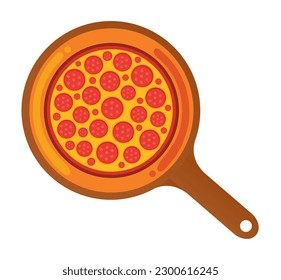 Pepperoni Pizza on Wooden Tray Vector Flat Illustration