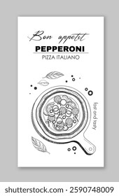 Pepperoni pizza on a wooden tray, sketch style on white background. Concept of Italian cuisine. Vector illustration