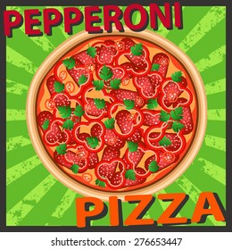 Pepperoni pizza with paprika and chili. Vector image can be used for menu or food posters design, cards and other crafts.