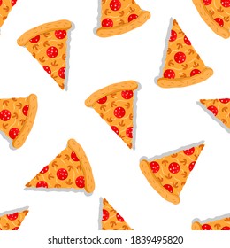 Pepperoni pizza pattern. Cheese texture with sliced salami, mushrooms and cheese for cafes and fastfoot bars. Vector illustration for websites, prints, yuaners and restaurant menus.