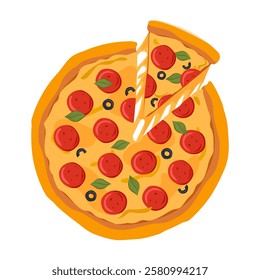 Pepperoni pizza, round pizza with salami and olives top view Pizza with cut slice, melted cheese Vector illustration of fast food on isolated background.