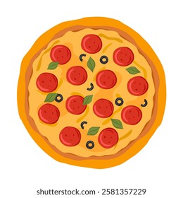 Pepperoni pizza, round pizza with salami and olives Vector illustration of fast food on isolated background. 