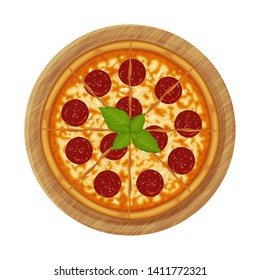 Pepperoni pizza with salami on wood plate. Object for packaging, advertisements, menu. Isolated on white. Vector illustration. Cartoon.