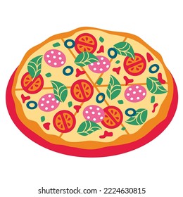 Pepperoni pizza with salami, tomatoes and basil. Vector illustration of food for delivery or recipes