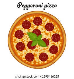 Pepperoni pizza with sausages. Object for packaging, advertisements, menu. Isolated on white. Vector illustration. Cartoon.