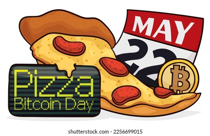 Pepperoni pizza slice, golden coin, loose-leaf calendar and electronic display to celebrate Pizza Bitcoin Day on May 22.