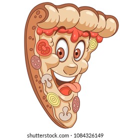 Pepperoni Pizza slice. Happy Fast Food concept. Funny Emoticon. Smiley idea. Emoji cartoon design for kids coloring book, colouring page, t-shirt print, icon, logo, label, patch, sticker.