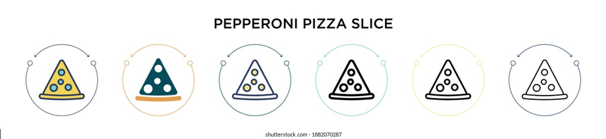 Pepperoni pizza slice icon in filled, thin line, outline and stroke style. Vector illustration of two colored and black pepperoni pizza slice vector icons designs can be used for mobile, ui, web