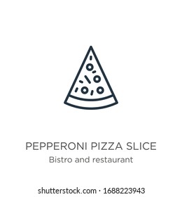 Pepperoni pizza slice icon. Thin linear pepperoni pizza slice outline icon isolated on white background from bistro and restaurant collection. Line vector sign, symbol for web and mobile