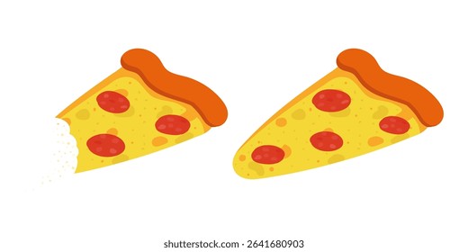Pepperoni pizza slice illustrations, bitten slice of pizza. Flat style, isolated on white background