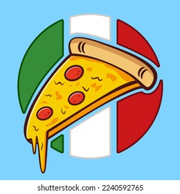 Pepperoni pizza slice with Italian flag. Fast food flat style illustration.