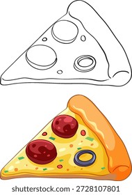 A pepperoni pizza slice presented in both colored cartoon style and black line art