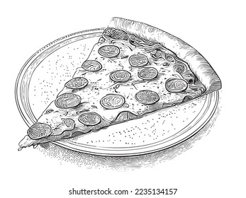 Pepperoni pizza slice with sausage on plate hand drawn sketch food Restaurant business concept.