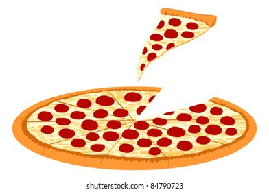 Pepperoni Pizza with Slice Taken - Vector Illustration. (high resolution JPEG also available).