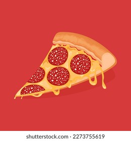 Pepperoni pizza. Slice of tasty pizza with salami and cheese. Vector illustration.