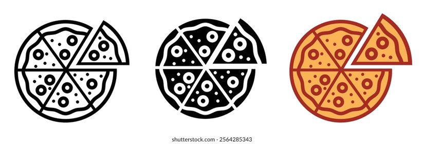 Pepperoni pizza slices and whole pizza icon collection on white background. Pizza slices. Iconic cheese and mushroom pizza slice. Fast food icon set. pepperoni, vegetable.