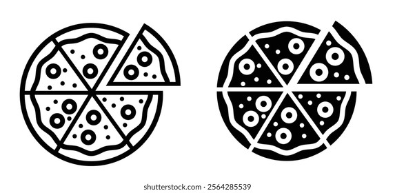 Pepperoni pizza slices and whole pizza icon collection on white background. Pizza slices. Iconic cheese and mushroom pizza slice. Fast food icon set. pepperoni, vegetable.