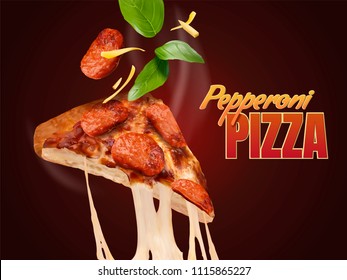 Pepperoni pizza with stringy cheese in 3d illustration, delicious food design element