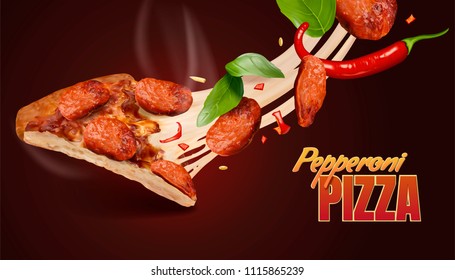 Pepperoni pizza with stringy cheese in 3d illustration, delicious food design element