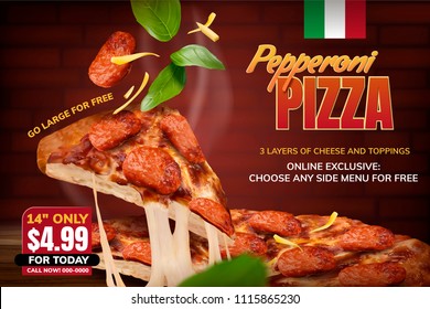 Pepperoni pizza with stringy cheese and basil elements on red brick wall background, 3d illustration