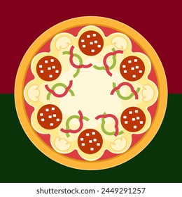 Pepperoni pizza, top view flat vector illustration 