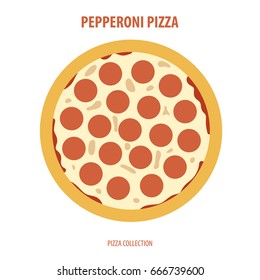 Pepperoni pizza in top view. Flat design vector illustration.