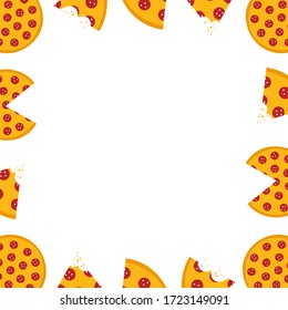 Pepperoni pizza vector frame, card template for fast food, delivery design.
