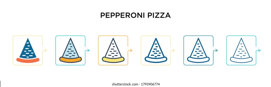 Pepperoni pizza vector icon in 6 different modern styles. Black, two colored pepperoni pizza icons designed in filled, outline, line and stroke style. Vector illustration can be used for web, mobile,