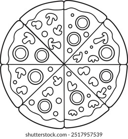 Pepperoni pizza inteira redonda Mão desenhada doodle esboço isolado no fundo branco.