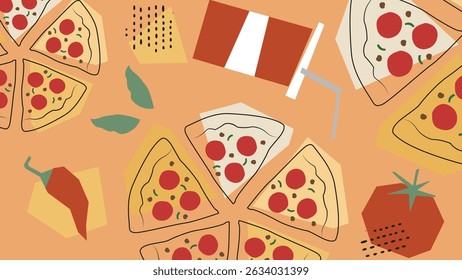 Pepperoni pizzas, drinks, tomatoes, and chili peppers on orange. Great for fun pizza promos, restaurant flyers, and kid-friendly branding.