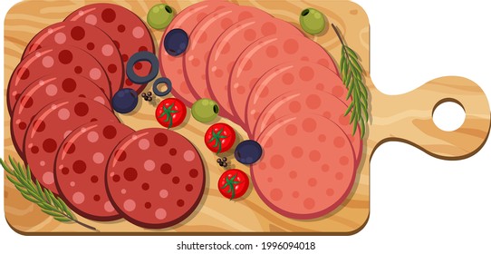 Pepperoni and salami on platter isolated on white background illustration