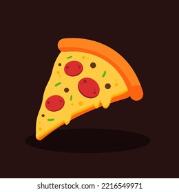 Pepperoni or salami pizza slice with melted cheese. Fast food concept. Junk food or unhealthy menu. Cute cartoon meal icon. Italian cuisine dish. Flat vector graphic design isolated illustration. 