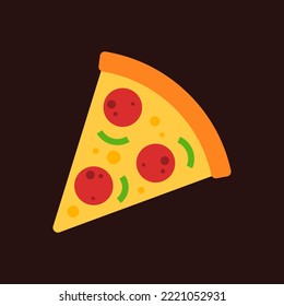 Pepperoni or salami pizza slice with melted cheese. Fast food concept. Junk food or unhealthy menu. Cute cartoon meal icon. Italian cuisine dish. Flat vector graphic design isolated illustration. 