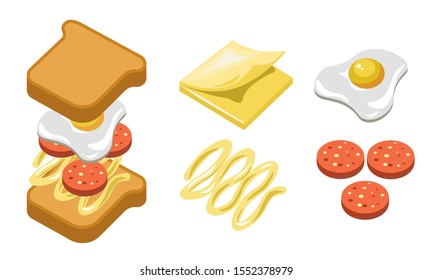 Pepperoni sandwich ingredients and separate layers shown in detail. Toast bread, cream cheese spread, salami sausage and fried egg. Fast food recipe. Isolated vector illustration on white background.