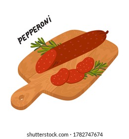 Pepperoni sausage. Meat delicatessen on a wooden cutting board. Slices of italian spicy pepperoni sausage. Simple flat style vector illustration
