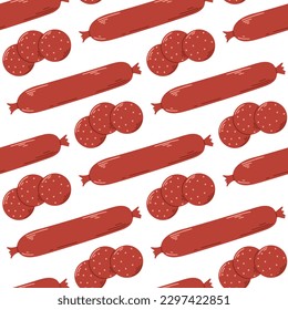 Pepperoni sausage seamless pattern. Background meat semifinished product raw smoked sausage stick and slices. Meat delicacy print, vector illustration