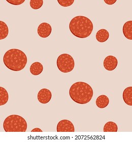 Pepperoni seamless pattern in different sizes. Vector.