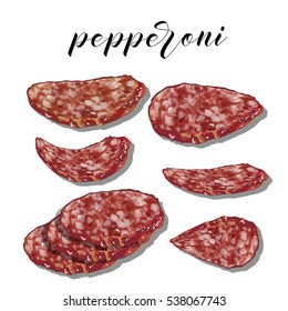 pepperoni with slices on a colourful background. Vector