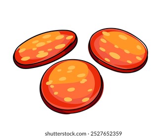 Pepperoni fatias com, desenhado à mão esboço colorido design. Perfeito para designs com temas de pizza, embalagem de alimentos ou menus de restaurante. Ideal para ilustrar a cozinha italiana. Ilustração vetorial.