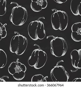 Peppers background, hand drawn bell sweet peppers pattern, chalkboard grunge vector background