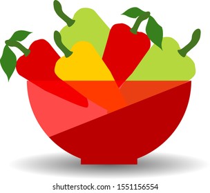 Peppers of different colors in a red transparent bowl. Vector graphic illustration with shadow.